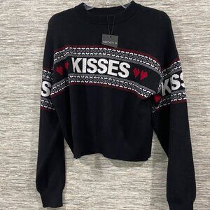 Arden B. Black Sweater With "Kisses" & Heart Pattern Size S Long Sleeves NWT